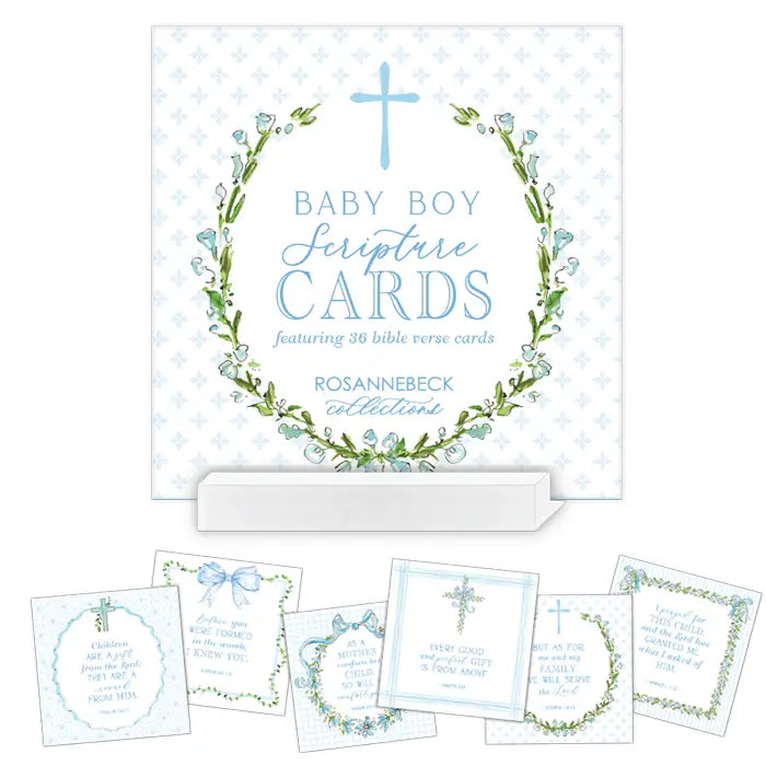 Baby boy scripture cards with floral design and Rosannebeck Collections branding.