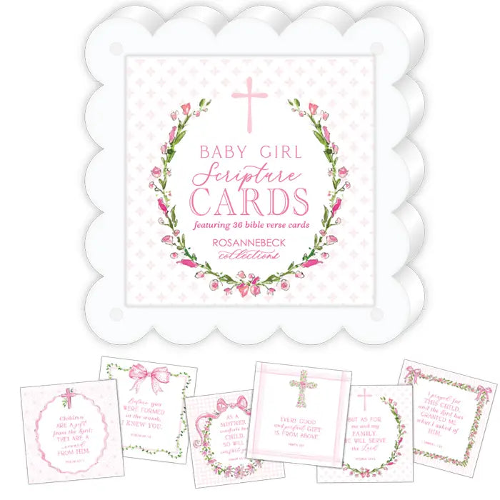Baby girl scripture cards with floral designs and cross symbols on a white background.