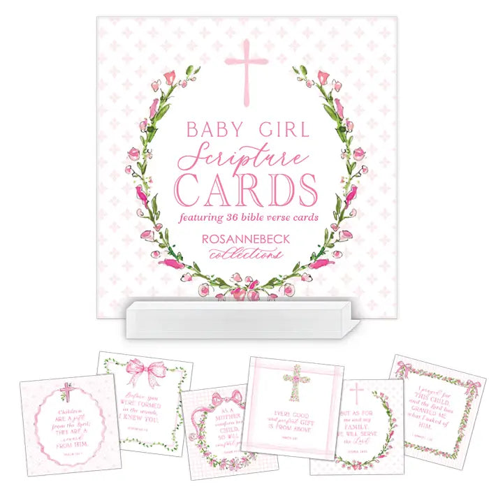 Baby girl scripture cards with floral design and Bible verse cards on a white background