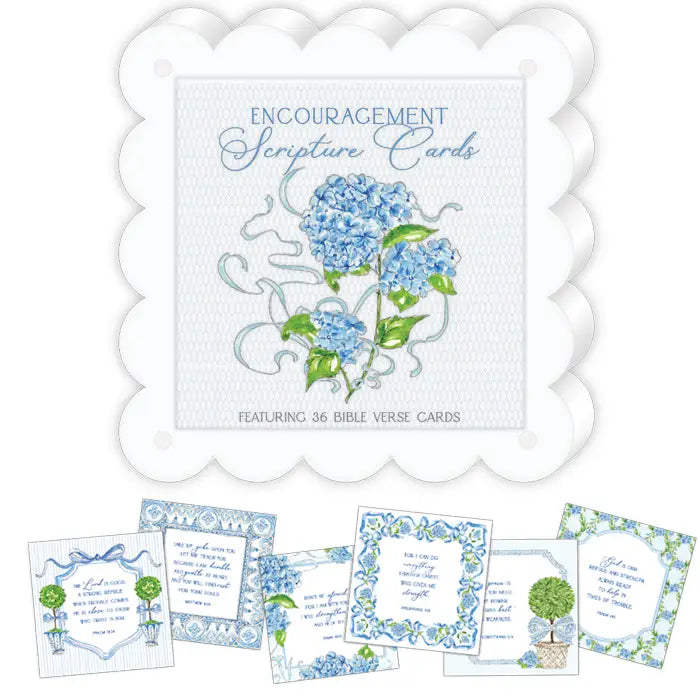 Set of encouragement scripture cards with blue hydrangea design on a white background