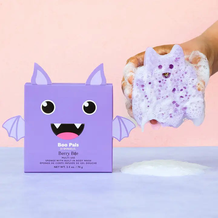 A purple bat Halloween buffer, infused sponge. Berry bite scented.