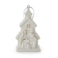 White ceramic church-shaped nativity ornament featuring Mary, Joseph, and baby Jesus, accented with subtle gold details and a silver hanging loop.