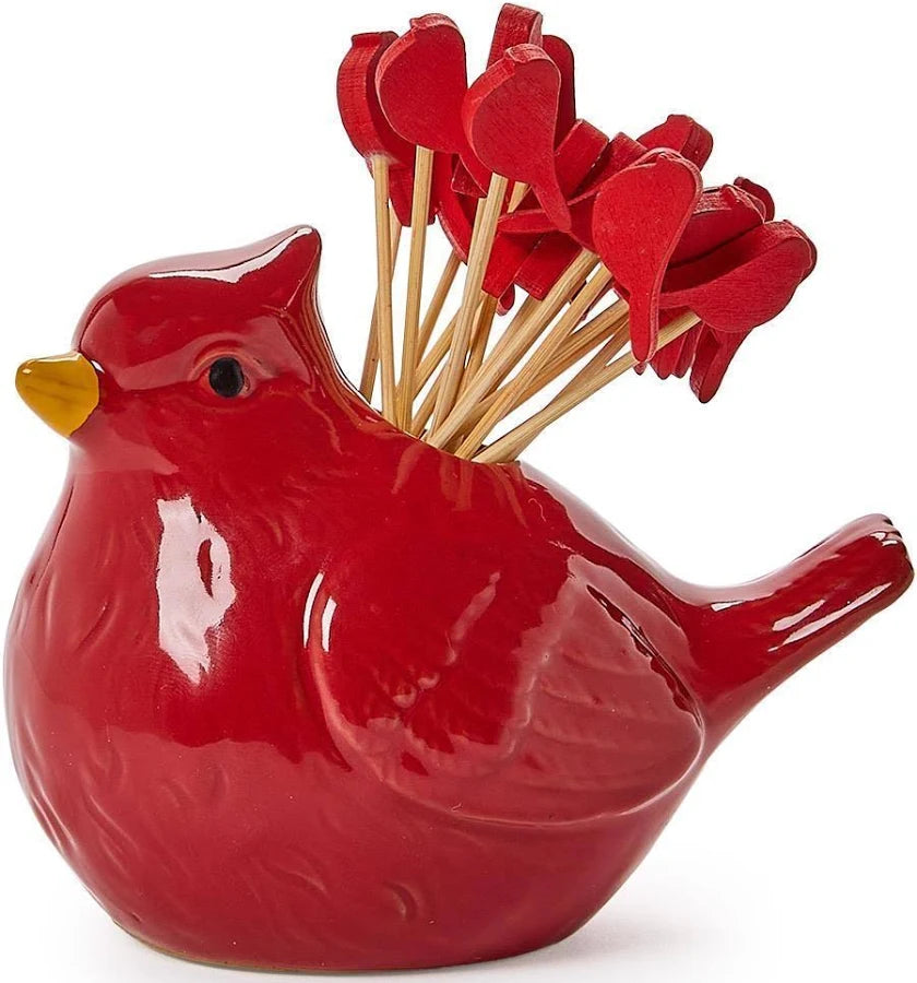 Glossy red ceramic bird-shaped toothpick holder filled with wooden toothpicks topped with red heart decorations.