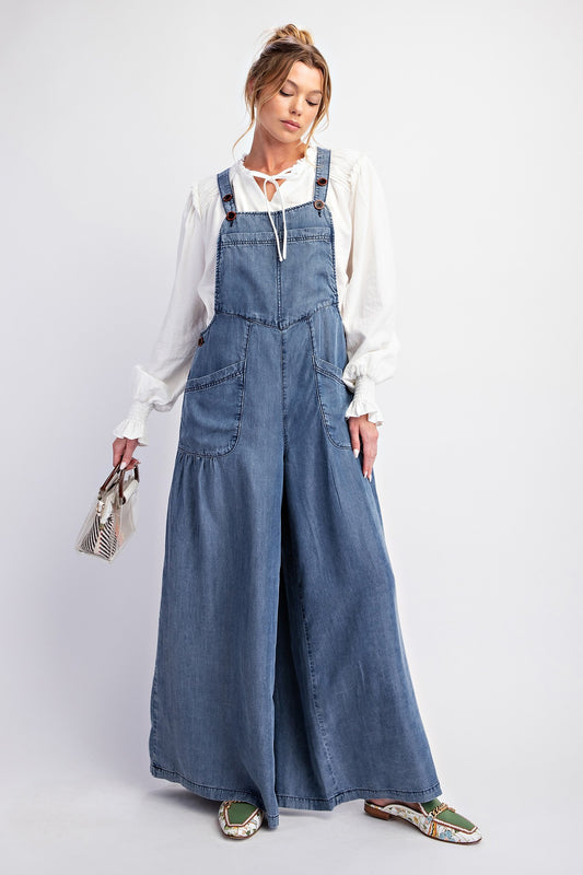 Full length denim jumpsuit with wide leg pants and two front pockets