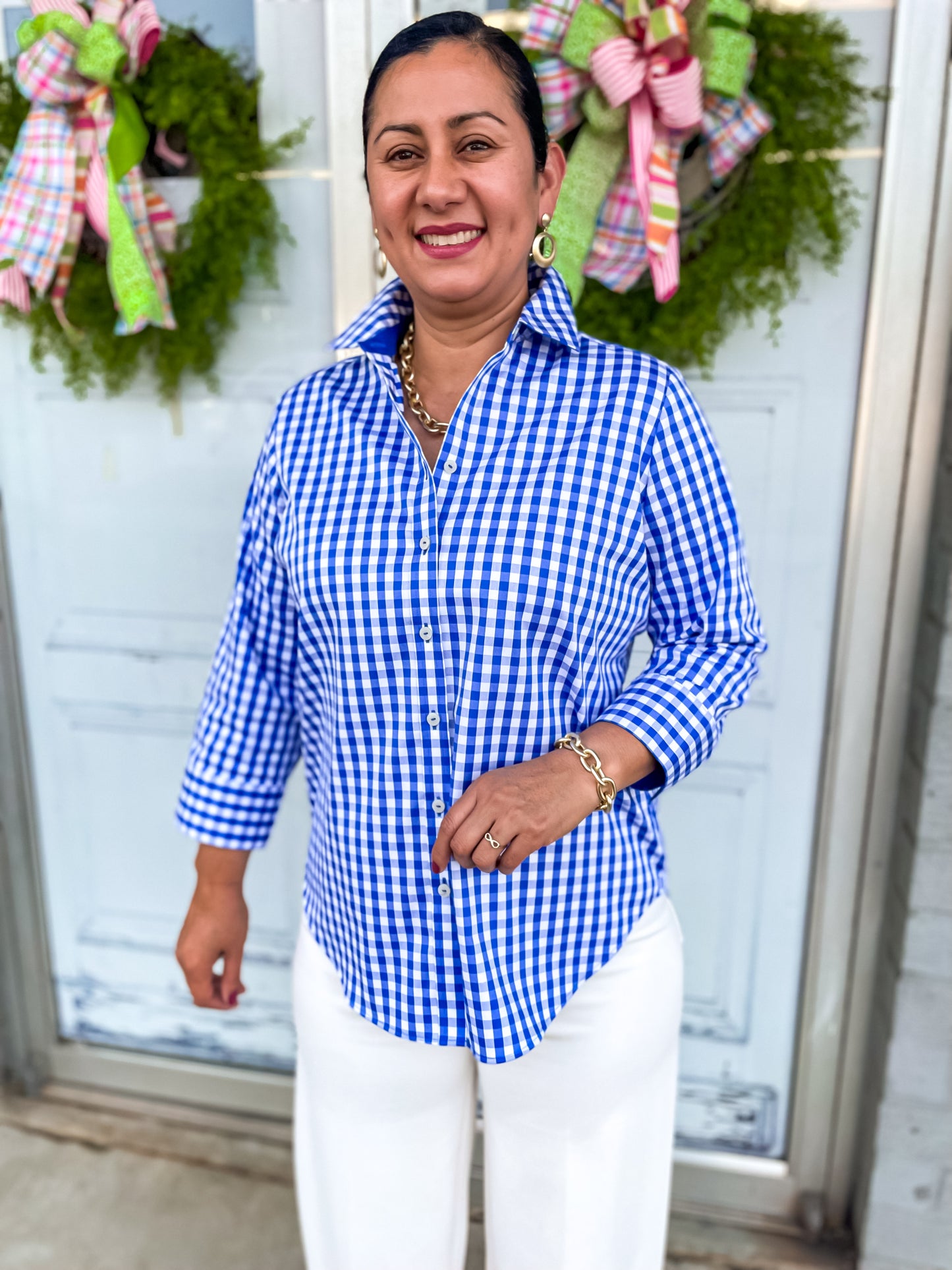 Margie Gingham Stretch Matte Sateen 3/4 Sleeve Shirt