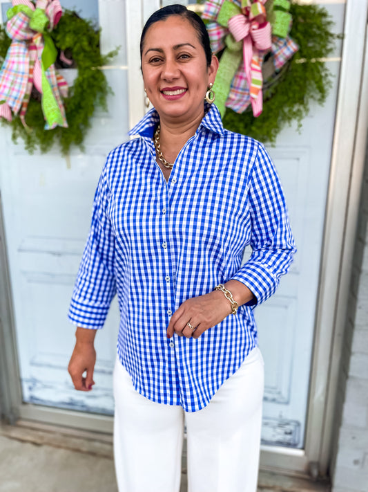 Margie Gingham Stretch Matte Sateen 3/4 Sleeve Shirt