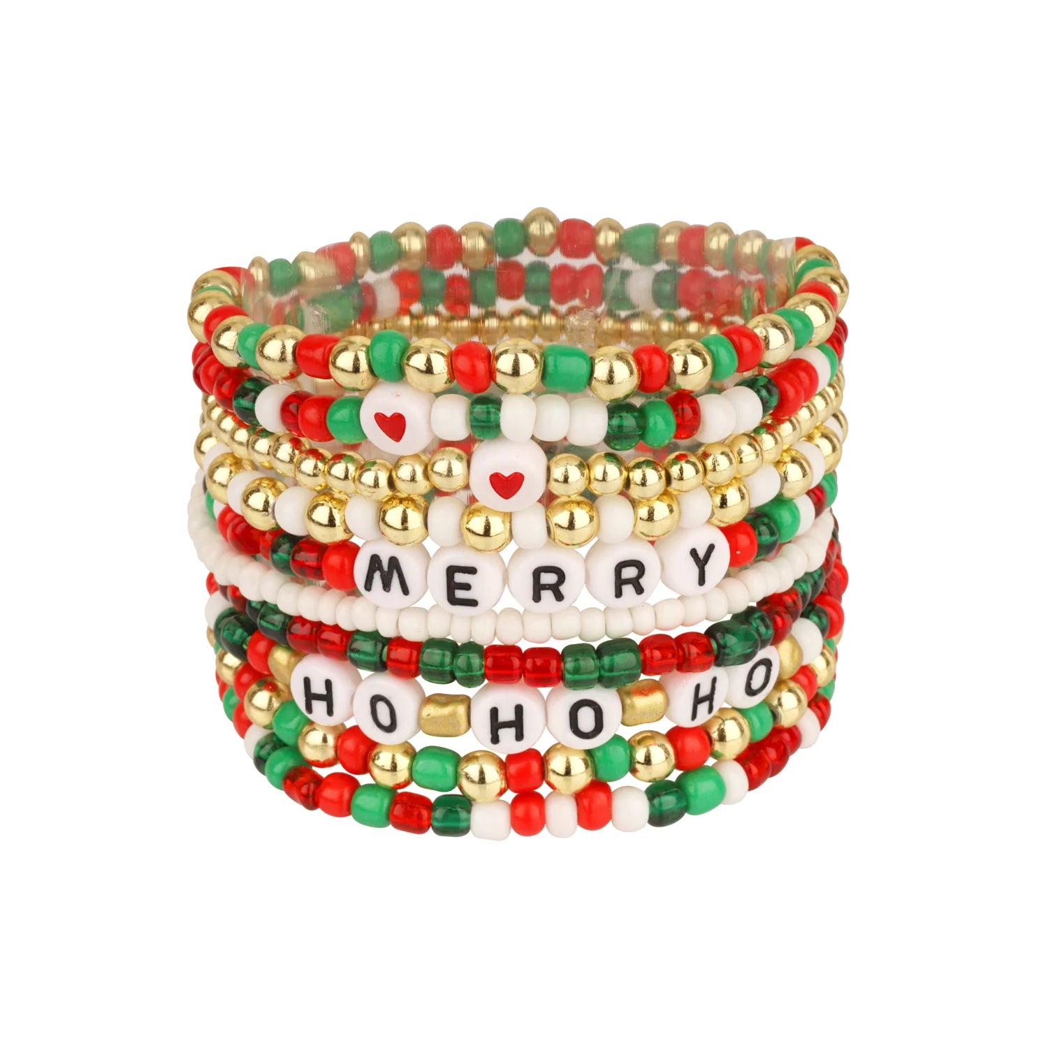 Set of colorful beaded bracelets with Christmas-themed text on a white background