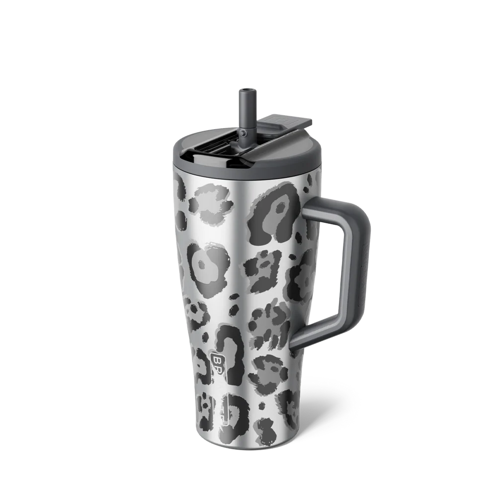 A stainless steel travel tumbler with a gray and black leopard print pattern, featuring a dark gray handle, lid, and straw, shown on a clean white background.