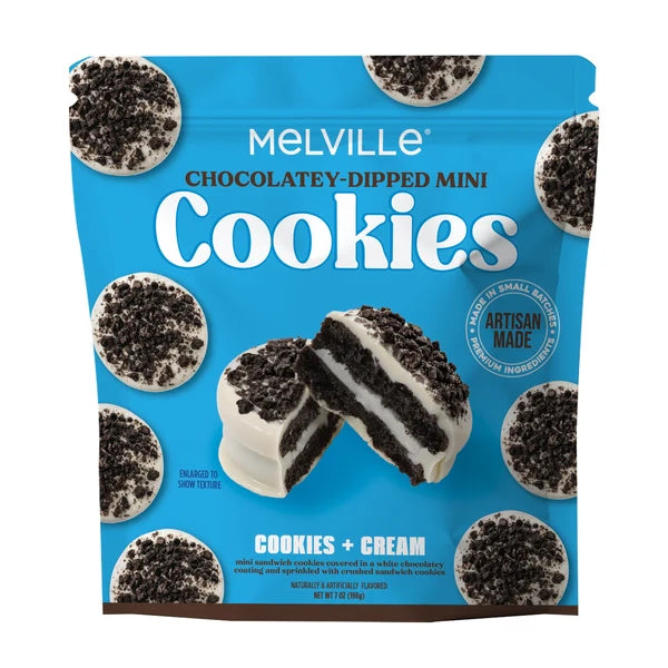 Packaging of Melville Chocolatey-Dipped Mini Cookies on a blue background