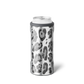A slim stainless steel can cooler sleeve with a gray and silver leopard print pattern, holding a white can, on a clean white background.