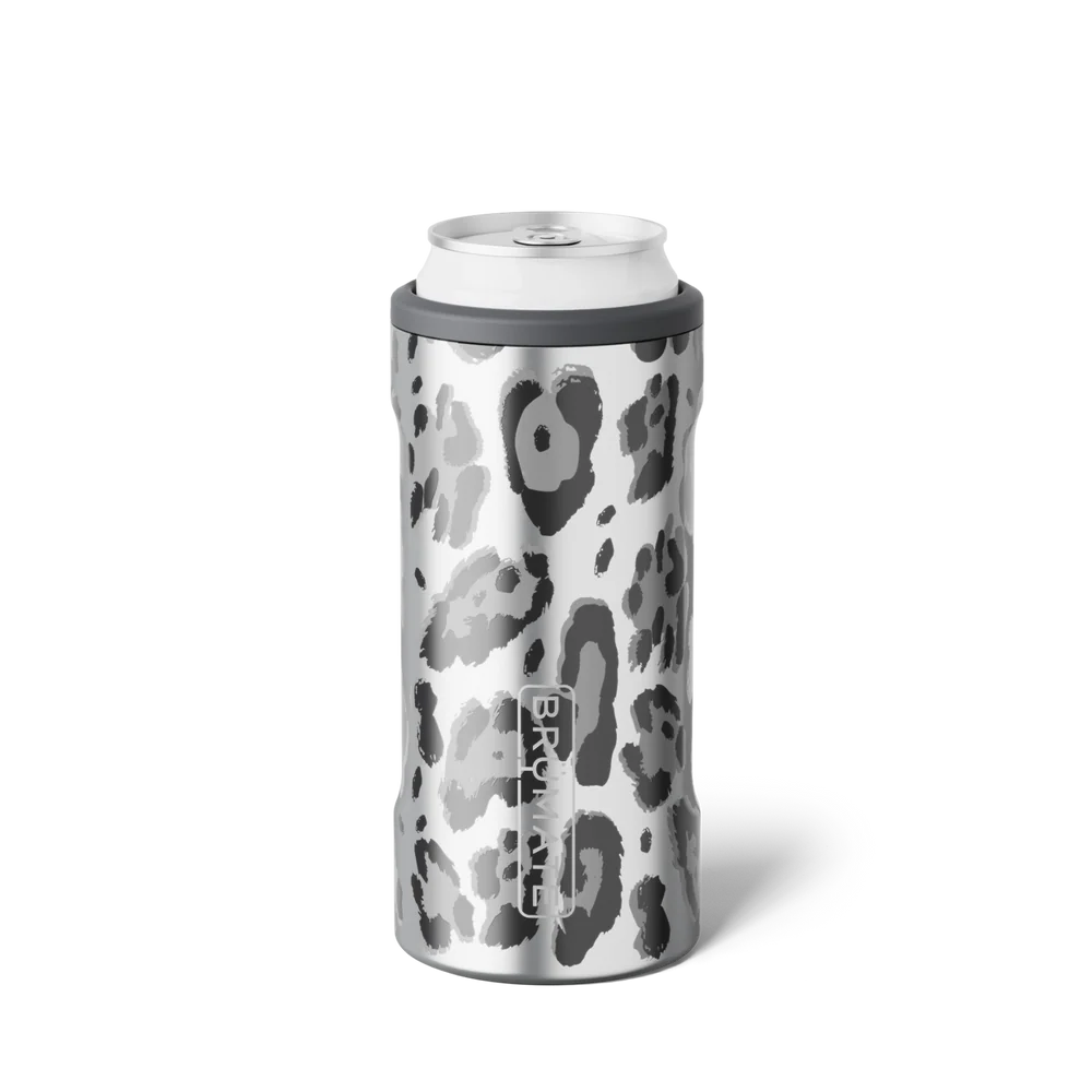 A slim stainless steel can cooler sleeve with a gray and silver leopard print pattern, holding a white can, on a clean white background.