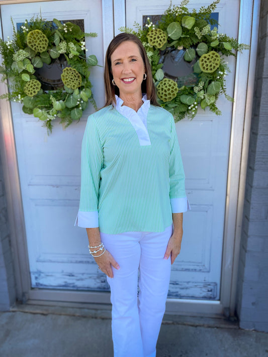 Tammy No Iron Pinpoint Striped 3/4 Sleeve Popover Shirt