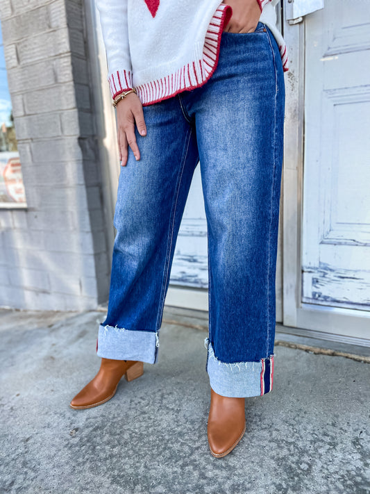 Tummy Control Mid Rise Crop Wide Cuffed Jeans