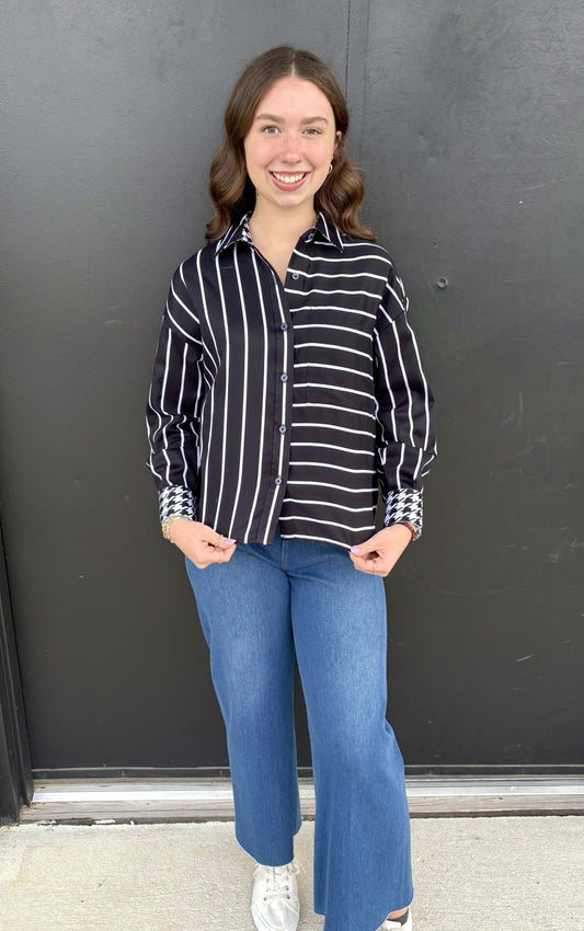 Marina Stripe & Houndstooth Long Sleeve Short Shirt
