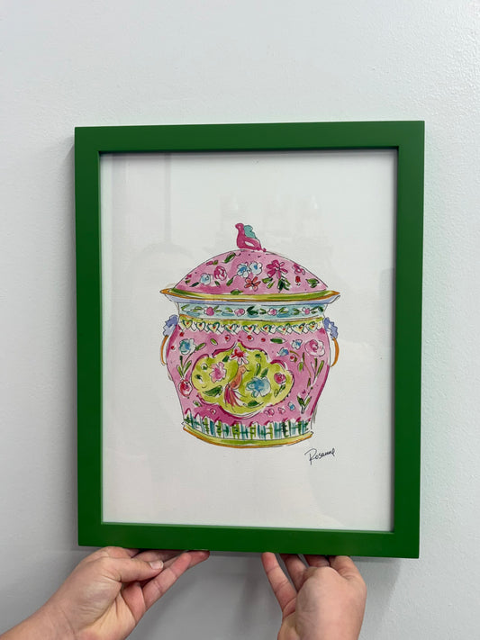 Handpainted Pink Chinoiserie Urn Art Print w/ Frame