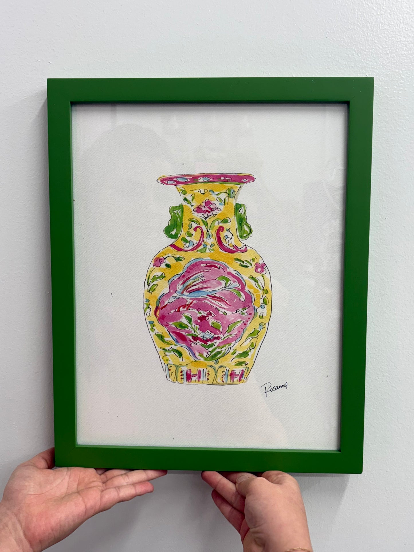 Handpainted Yellow Chinoiserie Urn Art Print w/ Frame