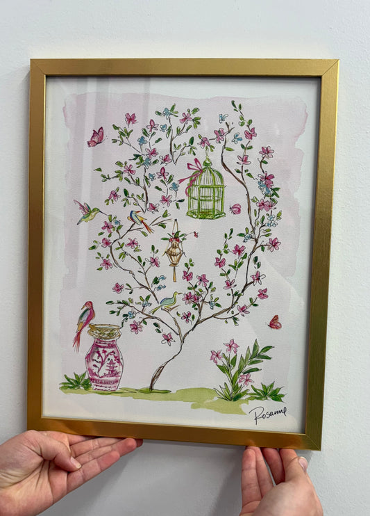 Handpainted Pink Enchanted Garden with Birdcage Art Print w/ Frame