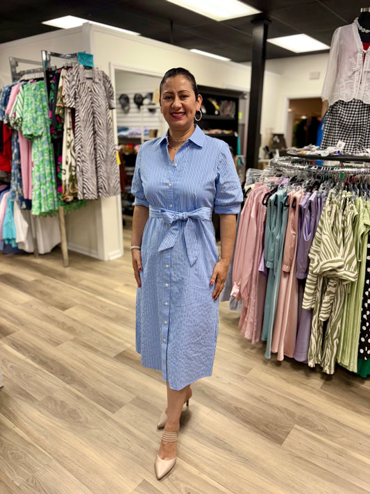 Esther Blue Seersucker Elbow Sleeve Dress