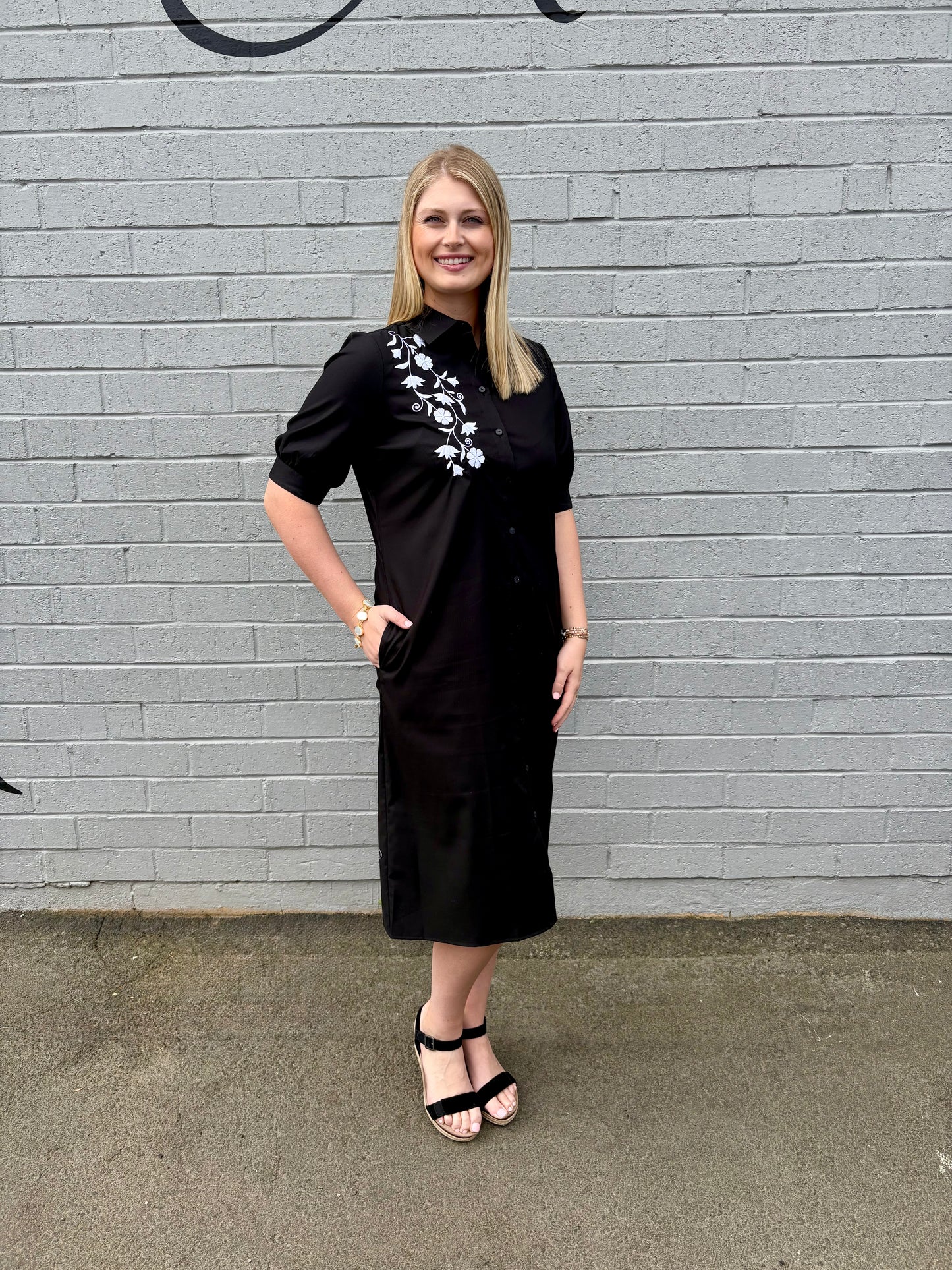 Esther Floral Embroidery Elbow Sleeve Dress