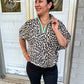 Elizabeth top in leopard pink, high neck, and elasticated sleeve band with green and brown rib band split neck.