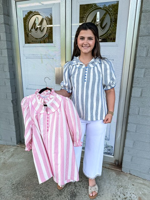 Jayne top a high ruffled collar with a button-up front and puff sleeves and elastic ruffle cuffs with pink and cream strips.
