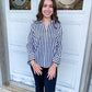 Agnes black stripe 3/4 sleeve length top with gingham accent cuffs.
