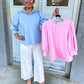 Jamesy top in pink with 3/4 balloon sleeves and contrast ruffle neck.