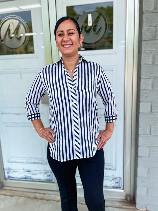 Meghan black stripe 3/4 sleeve length button down top with gingham accent cuffs.