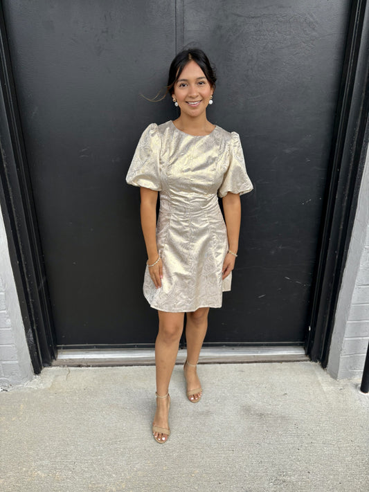 This is an elegant ivory mini dress with a subtle metallic sheen, tonal floral pattern, and feminine puff sleeves.

Color: Soft ivory/champagne with a delicate silvery-gold shimmer.
Pattern: An intricate tonal floral/scroll jacquard woven into the fabric, giving it texture and visual depth without a bold print.
Neckline: Simple, rounded crew neckline that keeps the look refined and classic.
Sleeves: Dramatic short puff sleeves with gathered volume at the shoulders and softly structured cuffs.
Bodice: Fitted