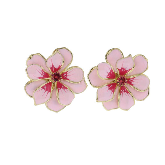 Large Pink Flower Earring with Pink Crystal Center