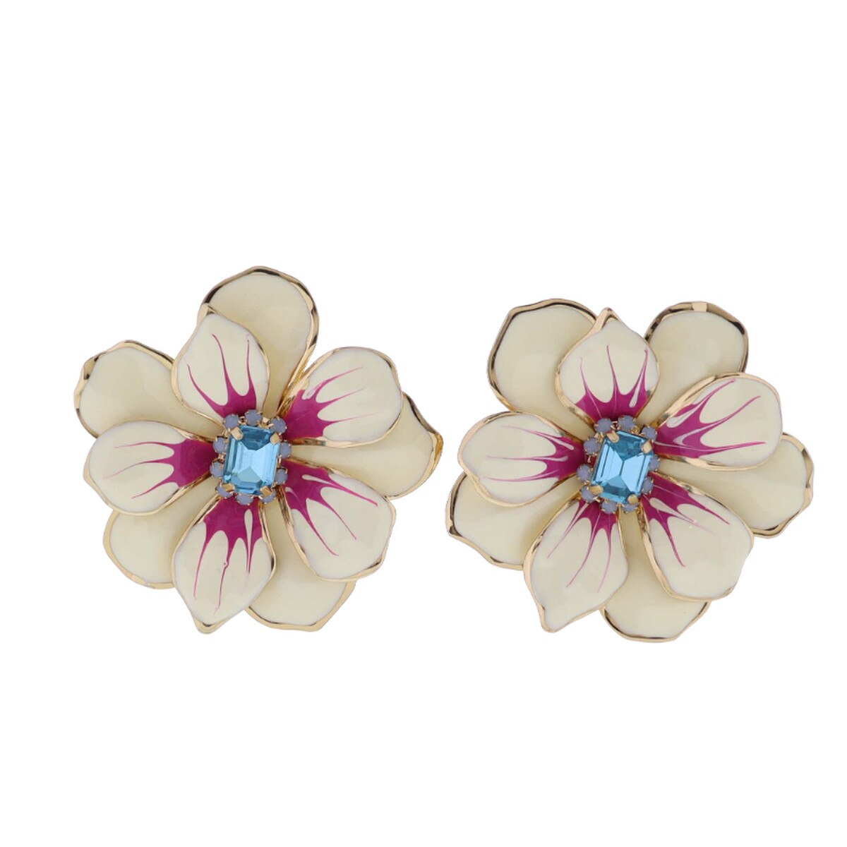Large White Flower Earring with Blue Crystal Center