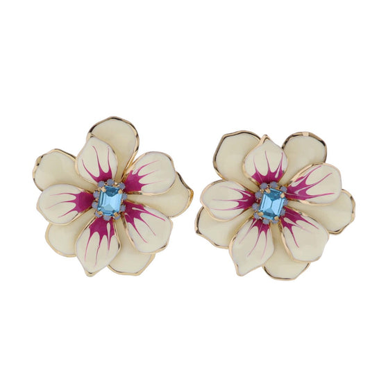 Large White Flower Earring with Blue Crystal Center