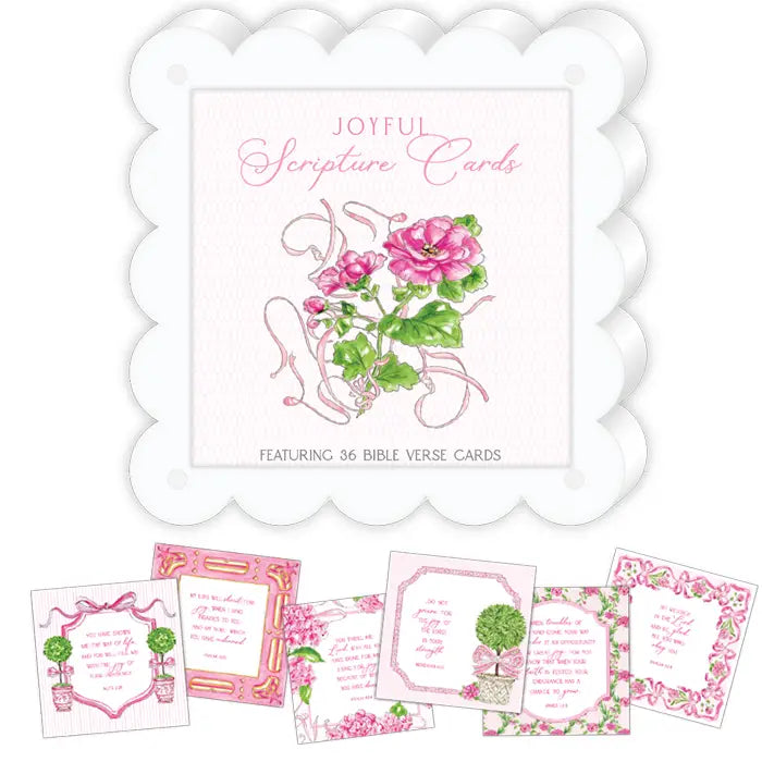 Set of 'Joyful Scripture Cards' with floral design and Bible verse cards on a white background