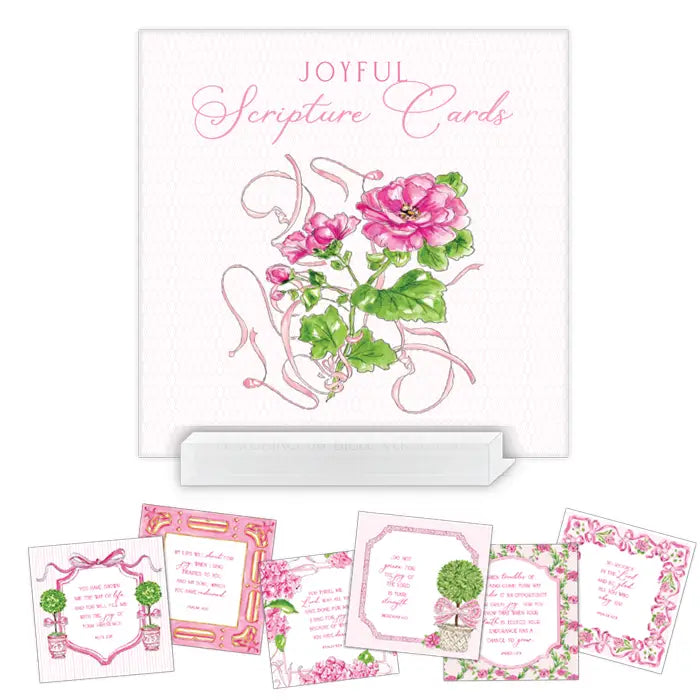 Set of 'Joyful Scripture Cards' with floral design and text on a white background
