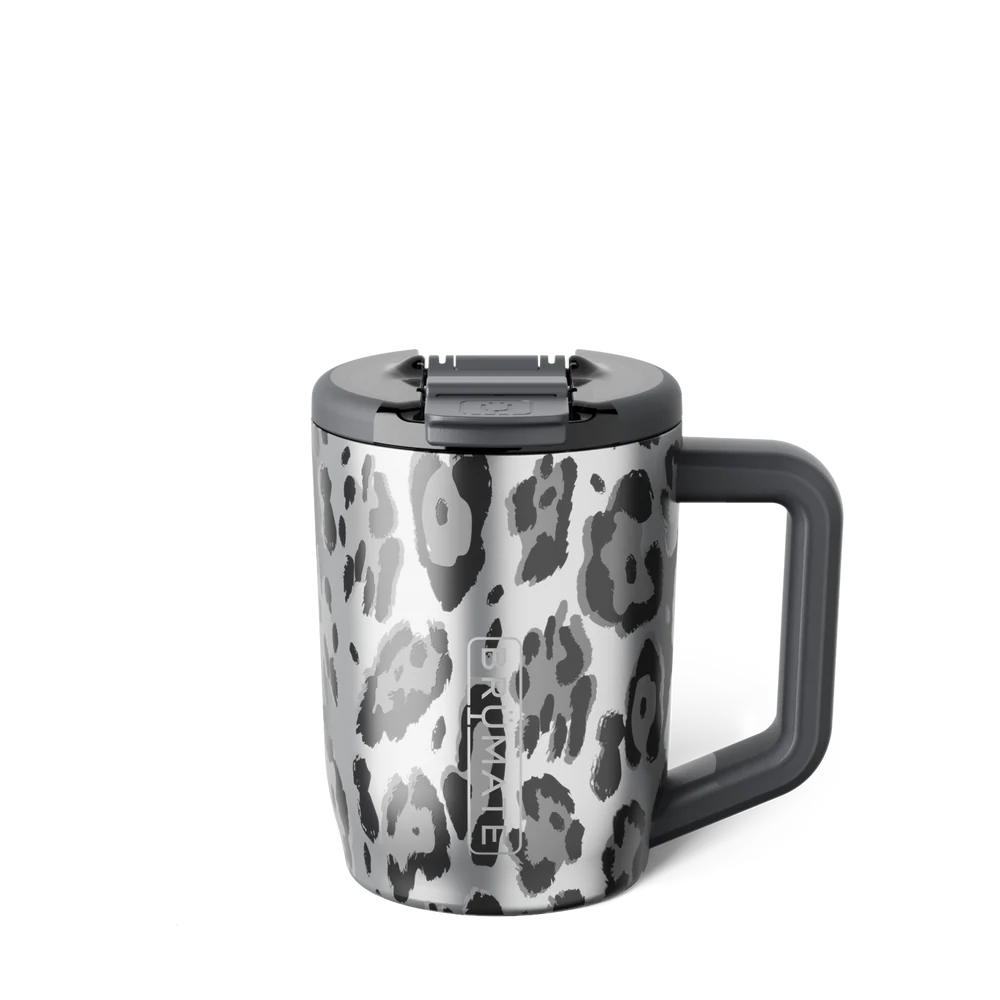 A stainless steel travel mug with a gray and black leopard print pattern, a dark gray handle, and a matching dark gray lid, shown on a white background.