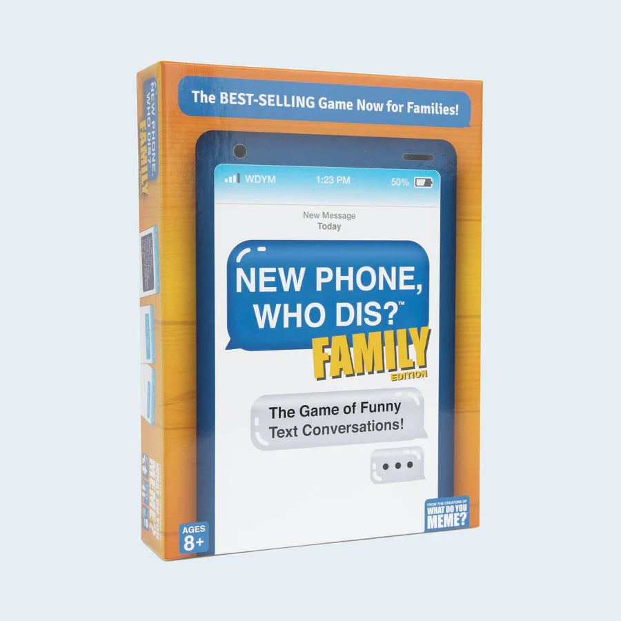 Your family’s game nights (and group text chats) will never be the same with New Phone, Who Dis? Family Edition, our 100% offline, 100% family-friendly, zany text-message combo game! Compete to pair ridiculous Inbox and Reply cards together – the funniest combo wins! Perfect for parties, family game nights, holidays, reunions, and more. Suitable for ages 8+.