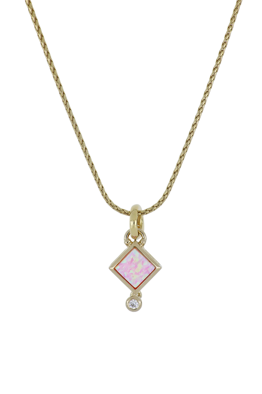 Diamond Shape Pink Opal Pendant Necklace 16-18"
