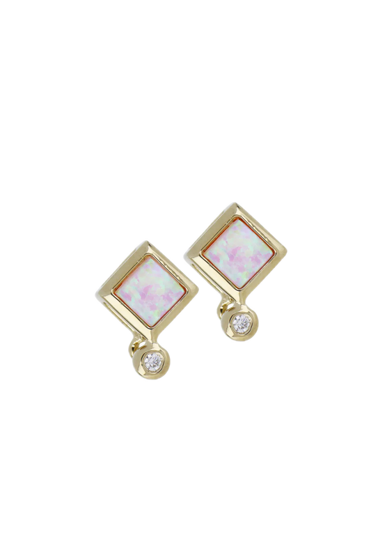 Diamond Shape Pink Opal Stud Post Earrings