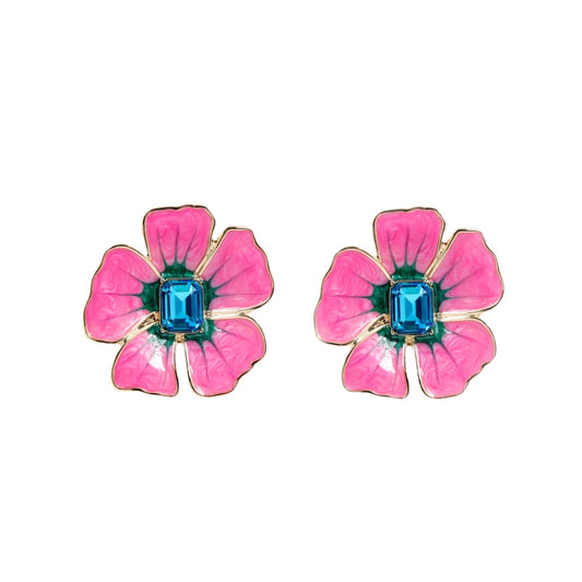 Small Fuschia Flower Earring with Blue Crystal Center