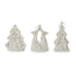 Set of three white ceramic nativity ornaments featuring Mary, Joseph, and baby Jesus in Christmas tree, star, and church designs with gold accents and silver hanging loops.