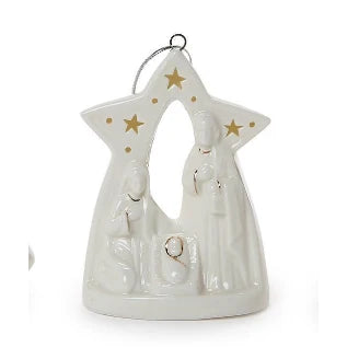 White ceramic nativity ornament shaped like a star, featuring Mary, Joseph, and baby Jesus with gold star and dot accents and a silver hanging loop.