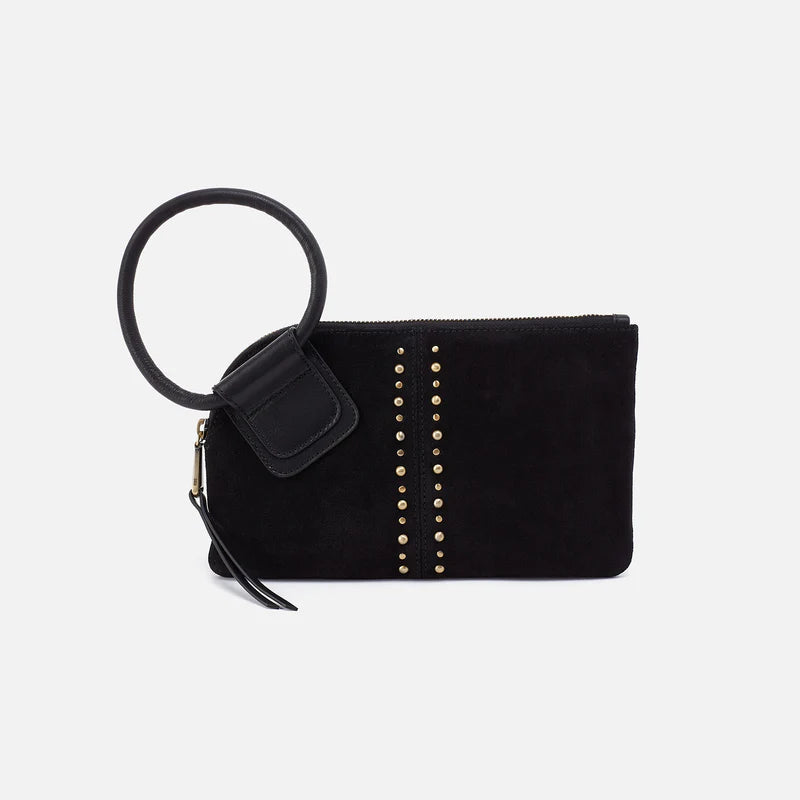 A black wristlet handbag with a circular handle and a zipper closure.