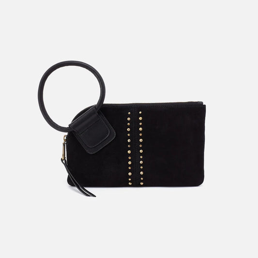 A black wristlet handbag with a circular handle and a zipper closure.