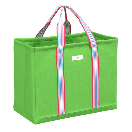 A open top tote bag having a compact basket weave fabric and structured bottom in a bright green color. 
