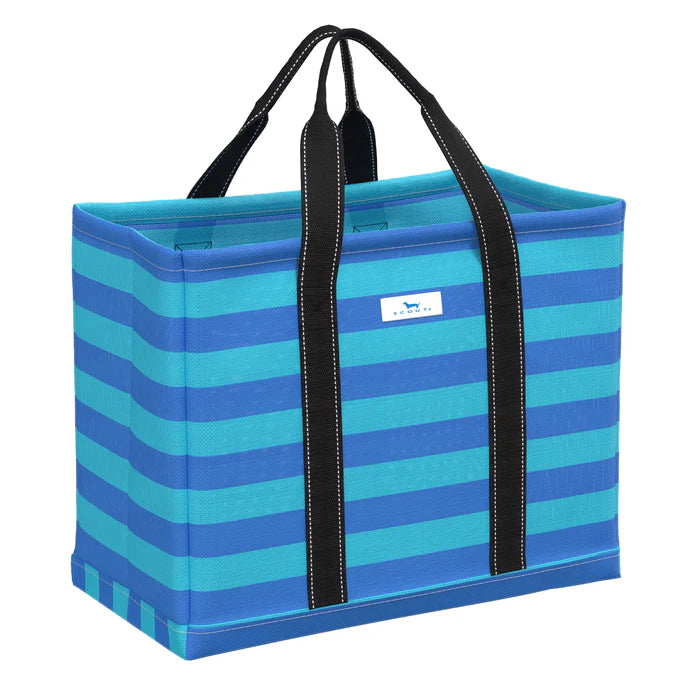A open top tote bag having a compact basket weave fabric and structured bottom in a blue stripped pattern.