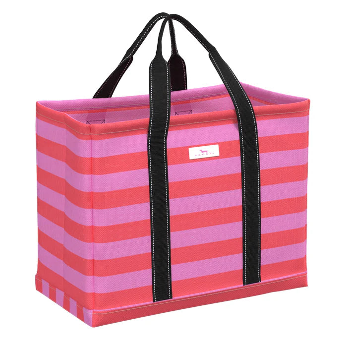 A open top tote bag having a compact basket weave fabric and structured bottom in a pink stripped pattern.