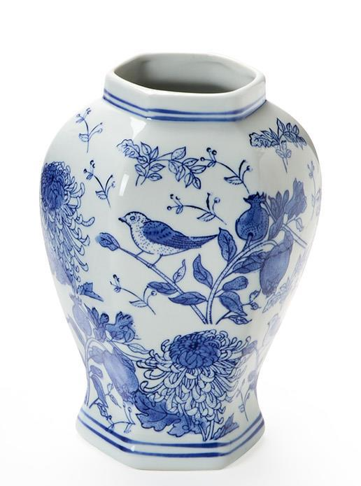 Round Chrysanthemum Hand-Painted Blue and White Chinoiserie Vase