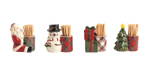 Four festive Christmas toothpick holders featuring Santa, a snowman, stacked presents, and a decorated Christmas tree, each paired with a red plaid container filled with wooden toothpicks.