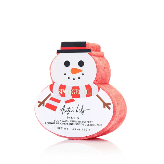 A body wash-infused sponge designed to look like a snowman, arctic lilac scented.