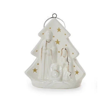 White ceramic Christmas tree ornament featuring a raised nativity scene with Mary, Joseph, and baby Jesus, accented with gold stars and dots.